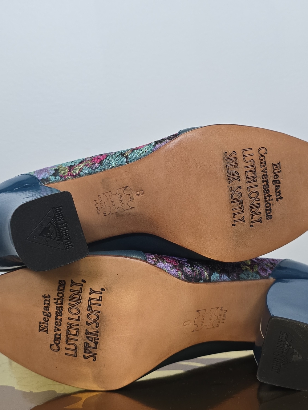 John Fluevog Teal Leather Heels with Multicolor Floral Embroidery - Picture 6 of 13